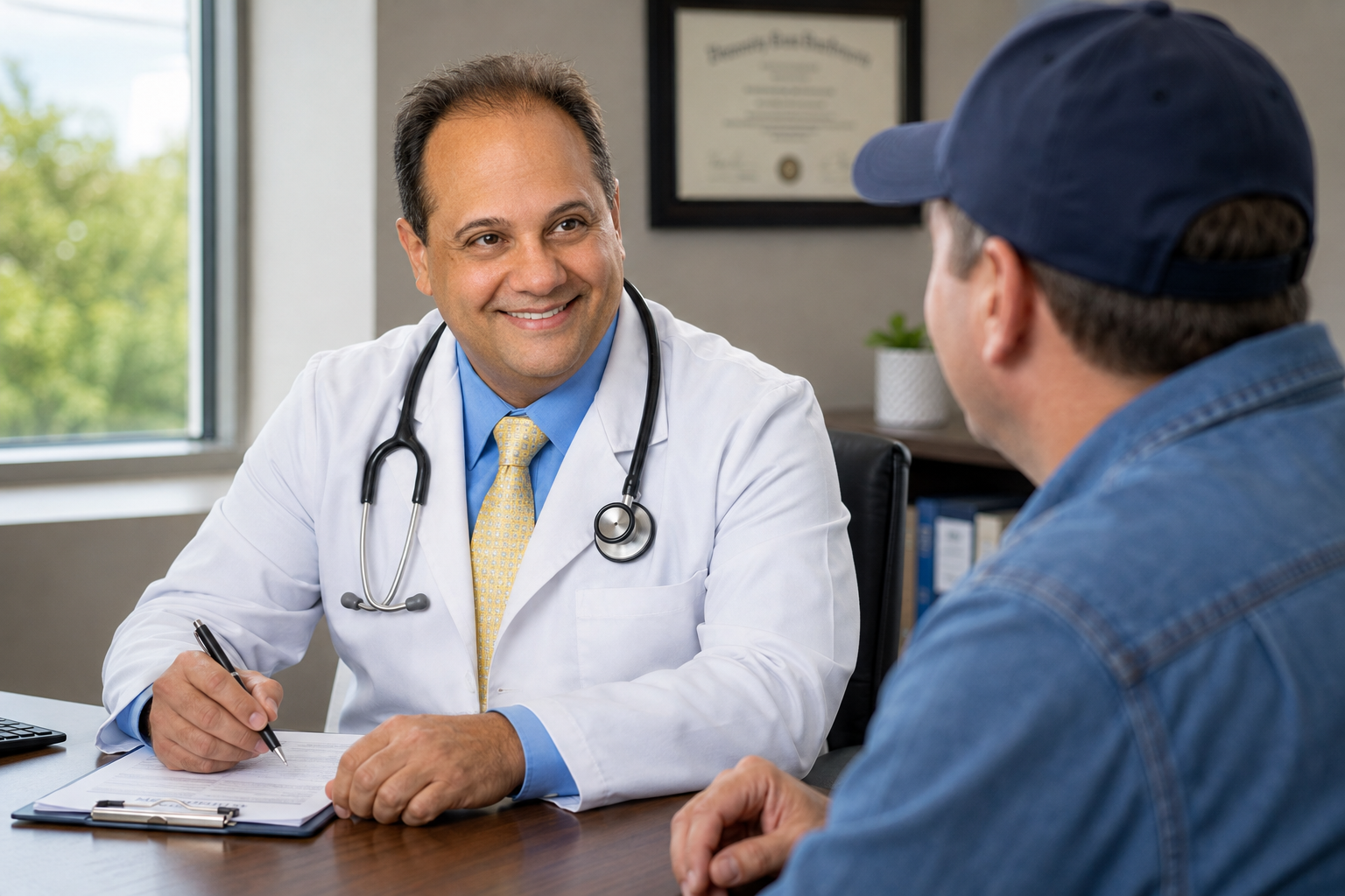 Dr. Ehab Hanna speaking with a commercial driver during a DOT physical exam